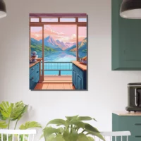 cuisine avec vue sur lac et montagnes