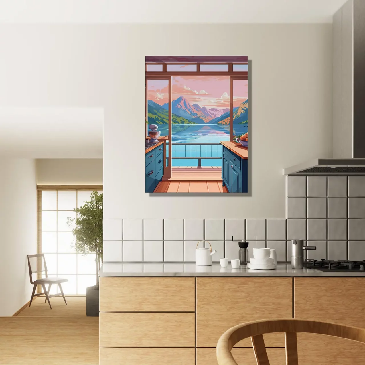 cuisine avec vue sur lac et montagnes