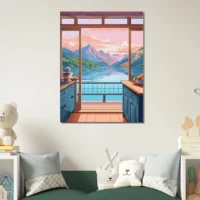 cuisine avec vue sur lac et montagnes