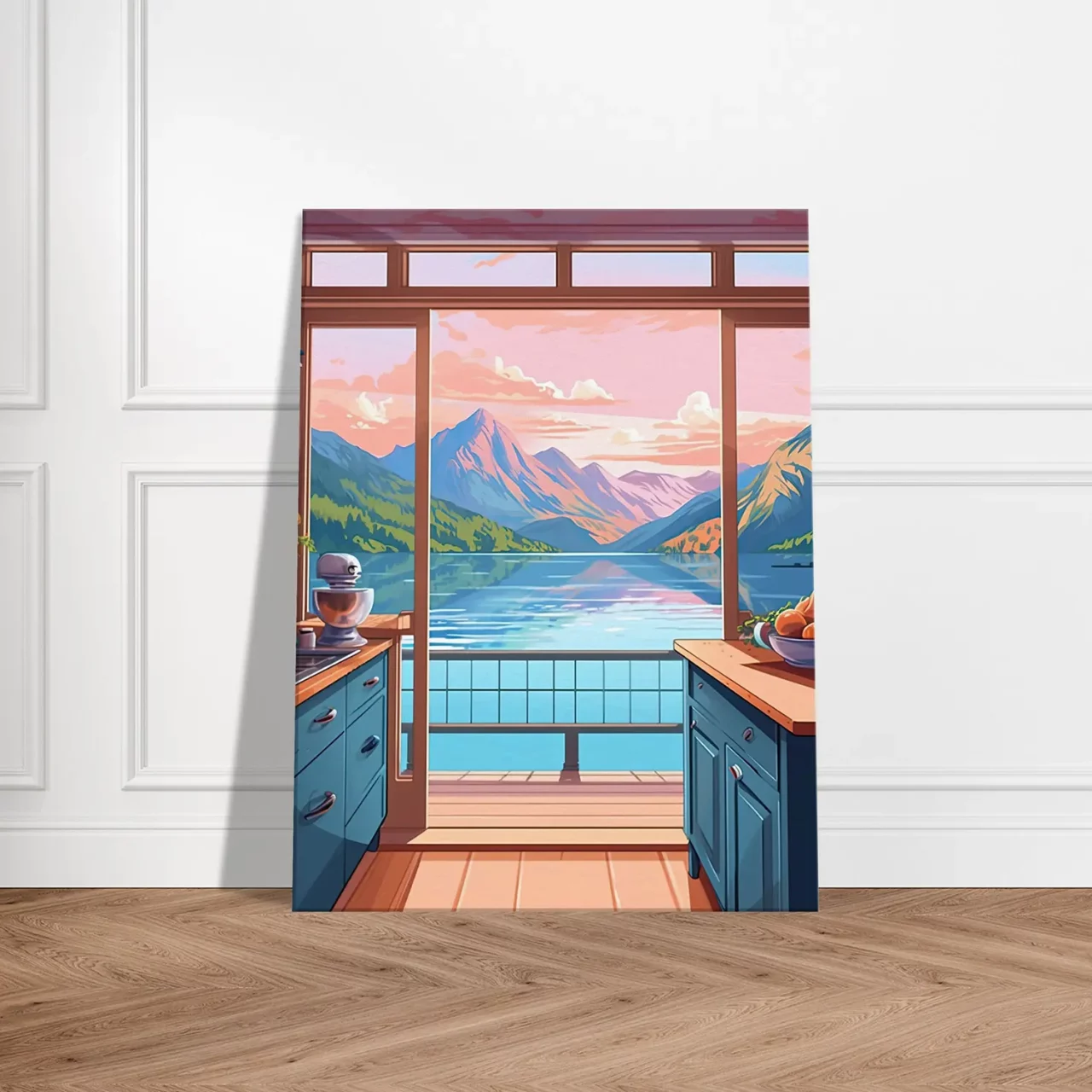 cuisine avec vue sur lac et montagnes