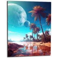 paysage fantastique plage, palmiers et planetes