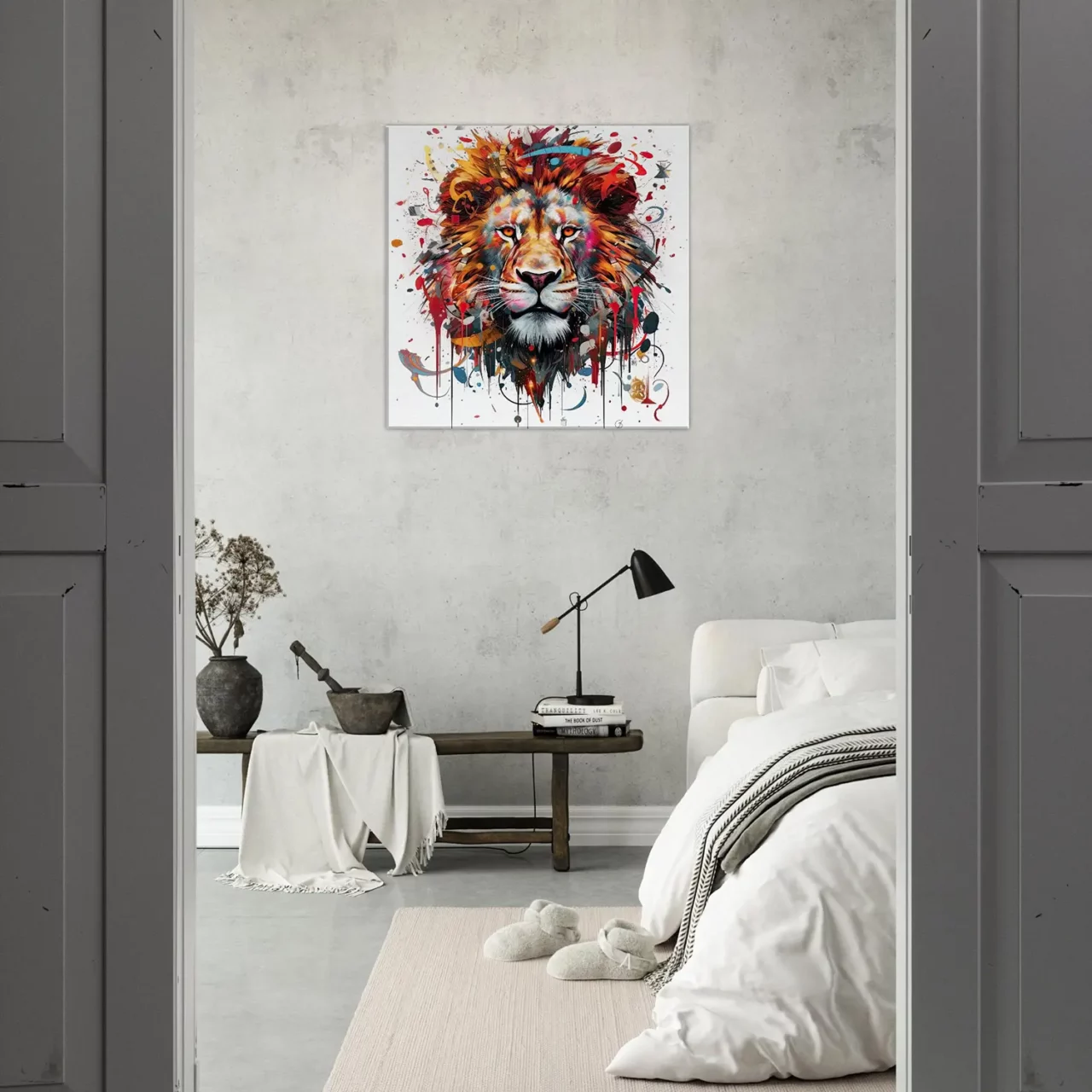 Peinture portrait d’un lion couleurs rouge orangé peinture portrait d'un lion couleurs rouge orangé