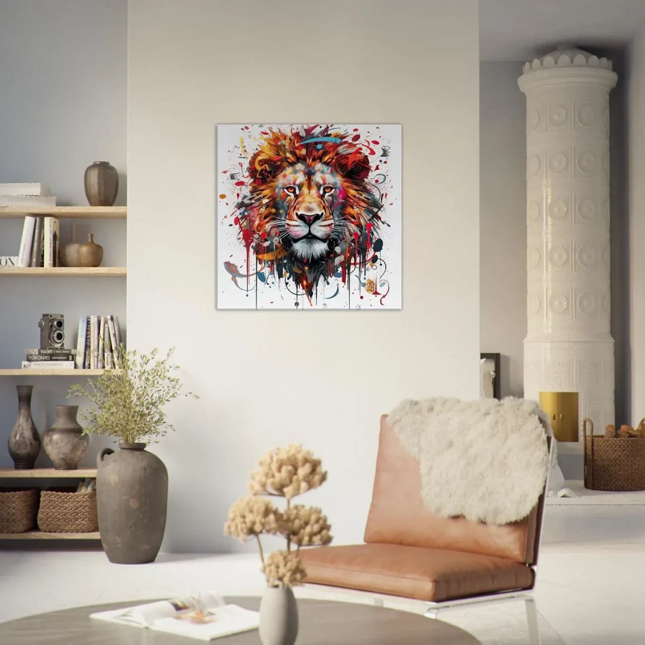 Peinture portrait d’un lion couleurs rouge orangé peinture portrait d'un lion couleurs rouge orangé