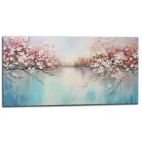 Tableau peinture Arbres fleuris sur lac paisible arbres fleuris sur lac paisible