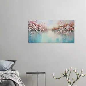Tableau peinture Arbres fleuris sur lac paisible