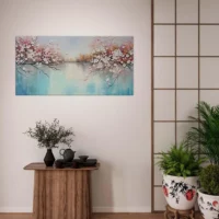 Tableau peinture Arbres fleuris sur lac paisible arbres fleuris sur lac paisible