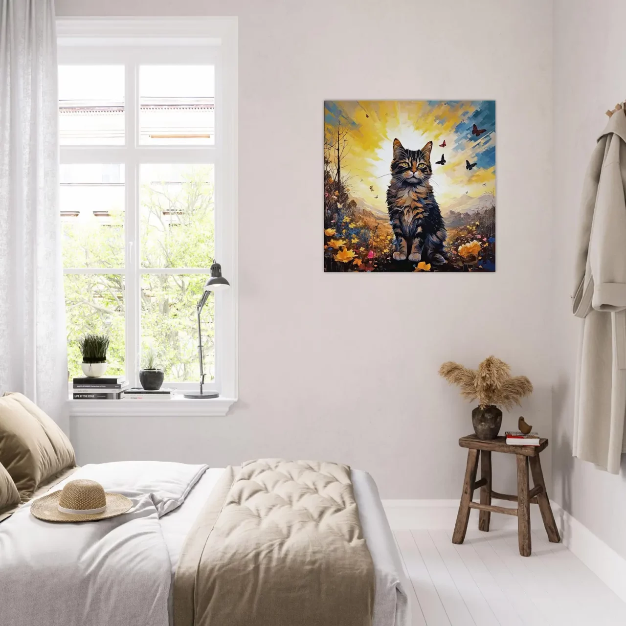 chat mignon, fleurs jaunes et papillons