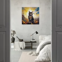 chat mignon, fleurs jaunes et papillons