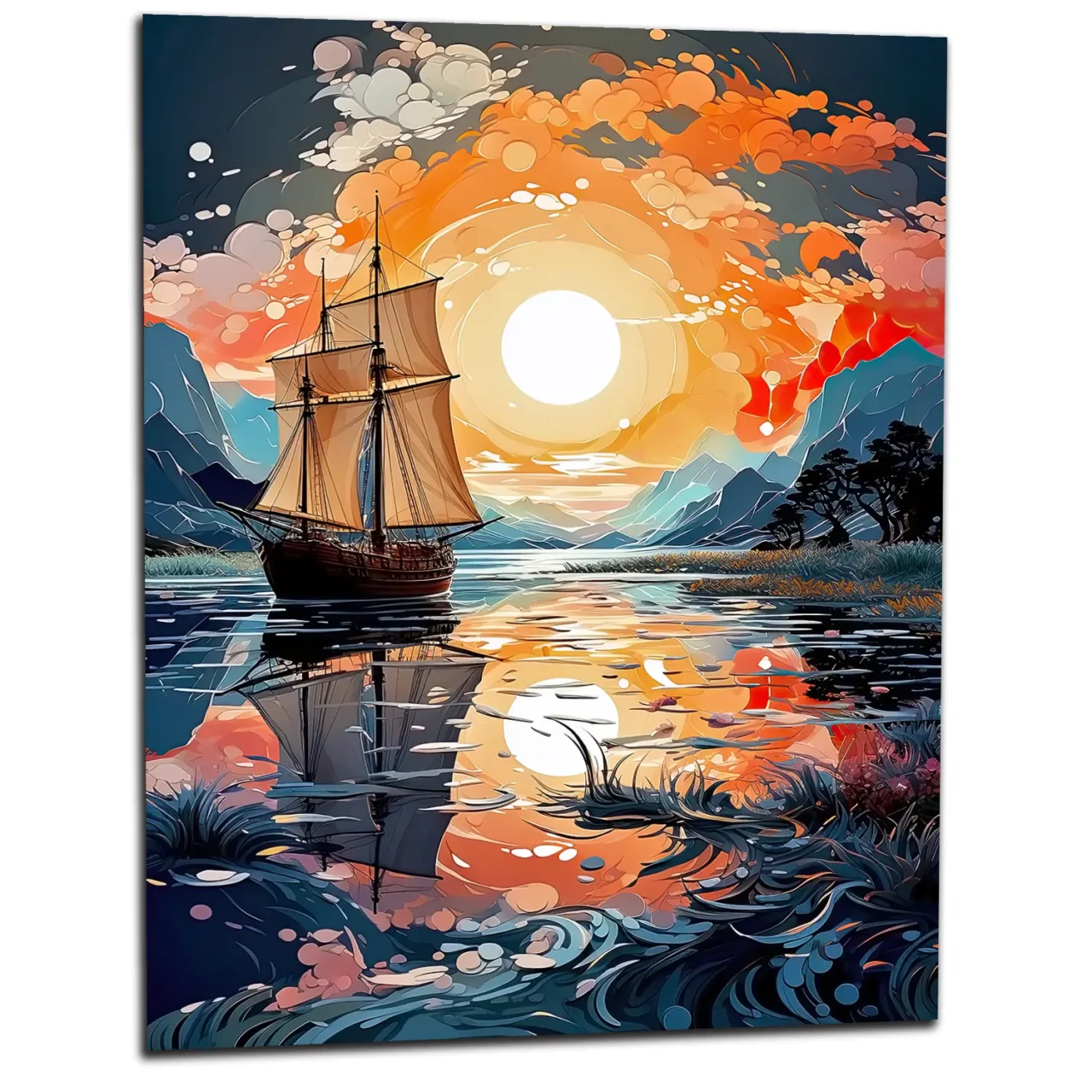 Cadre Voilier sur lac au coucher du soleil voilier sur lac au coucher du soleil