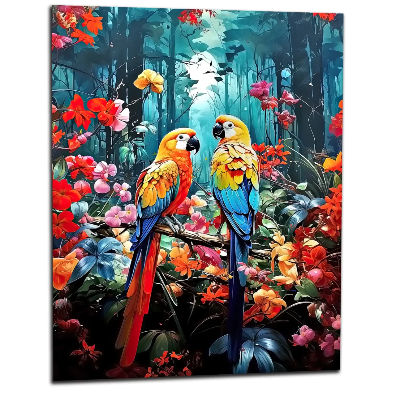 illustration perroquets et fleurs colorées