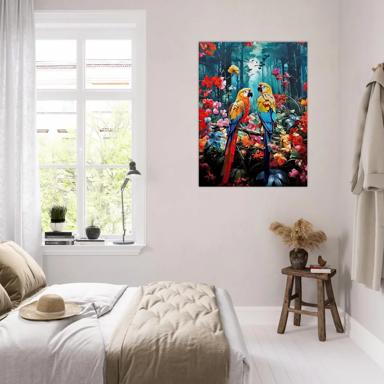 illustration perroquets et fleurs colorées