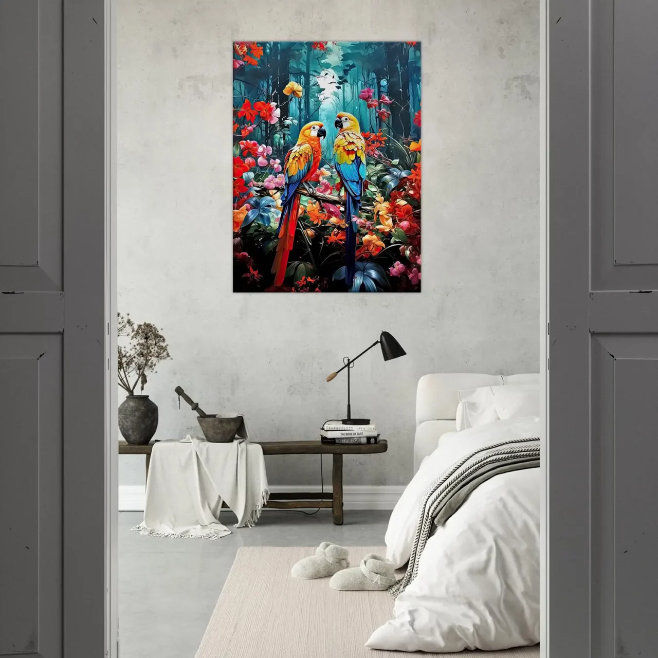 illustration perroquets et fleurs colorées
