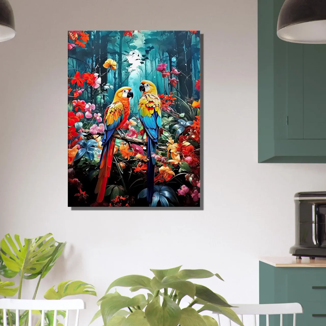 illustration perroquets et fleurs colorées