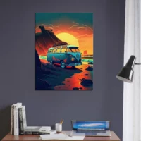 van au coucher de soleil sur la plage
