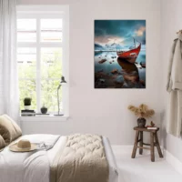 Cadre mural Bateau rouge dans paysage glacial bateau rouge dans paysage glacial