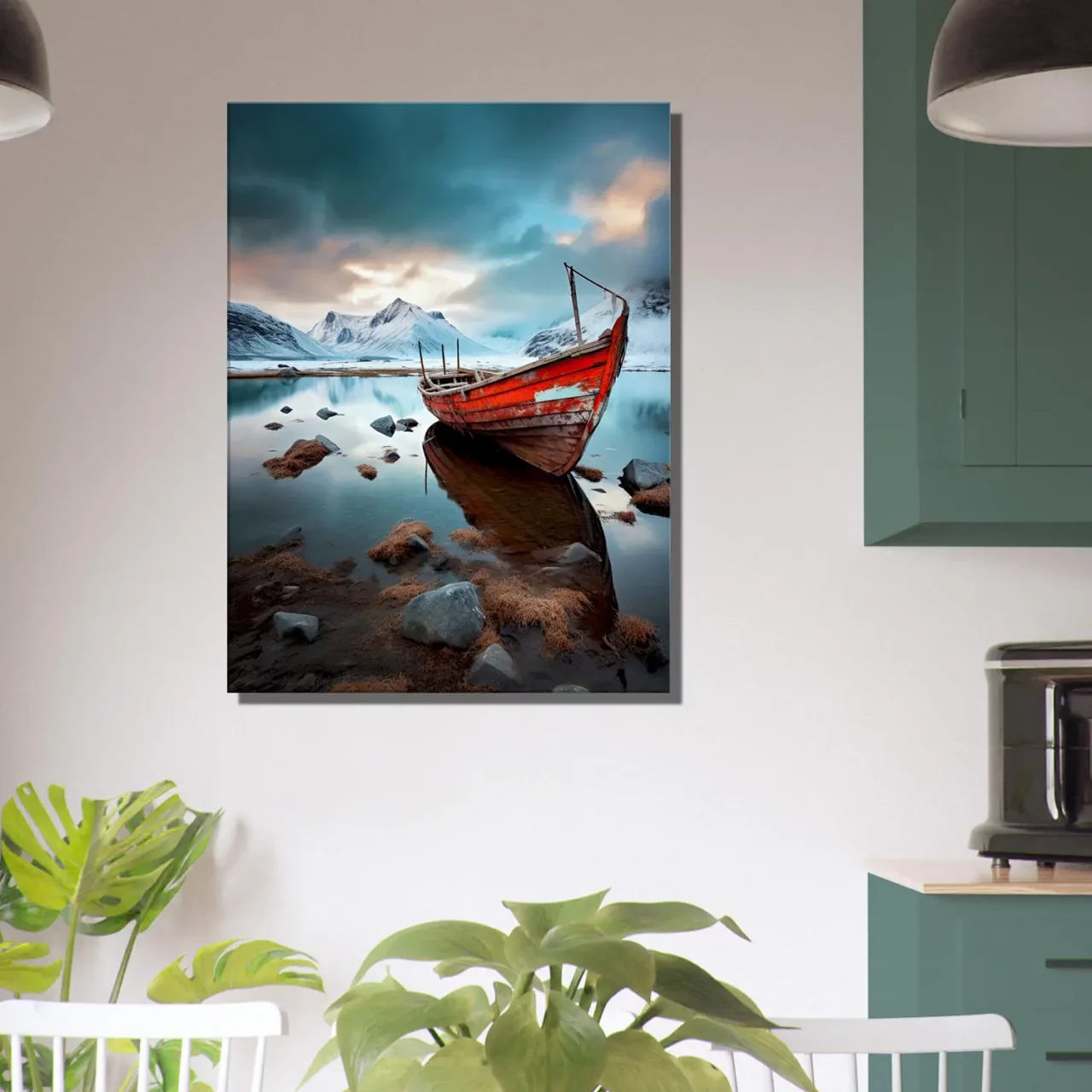 Cadre mural Bateau rouge dans paysage glacial bateau rouge dans paysage glacial
