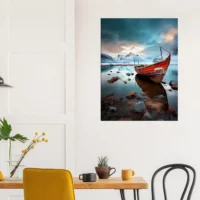 Cadre mural Bateau rouge dans paysage glacial bateau rouge dans paysage glacial