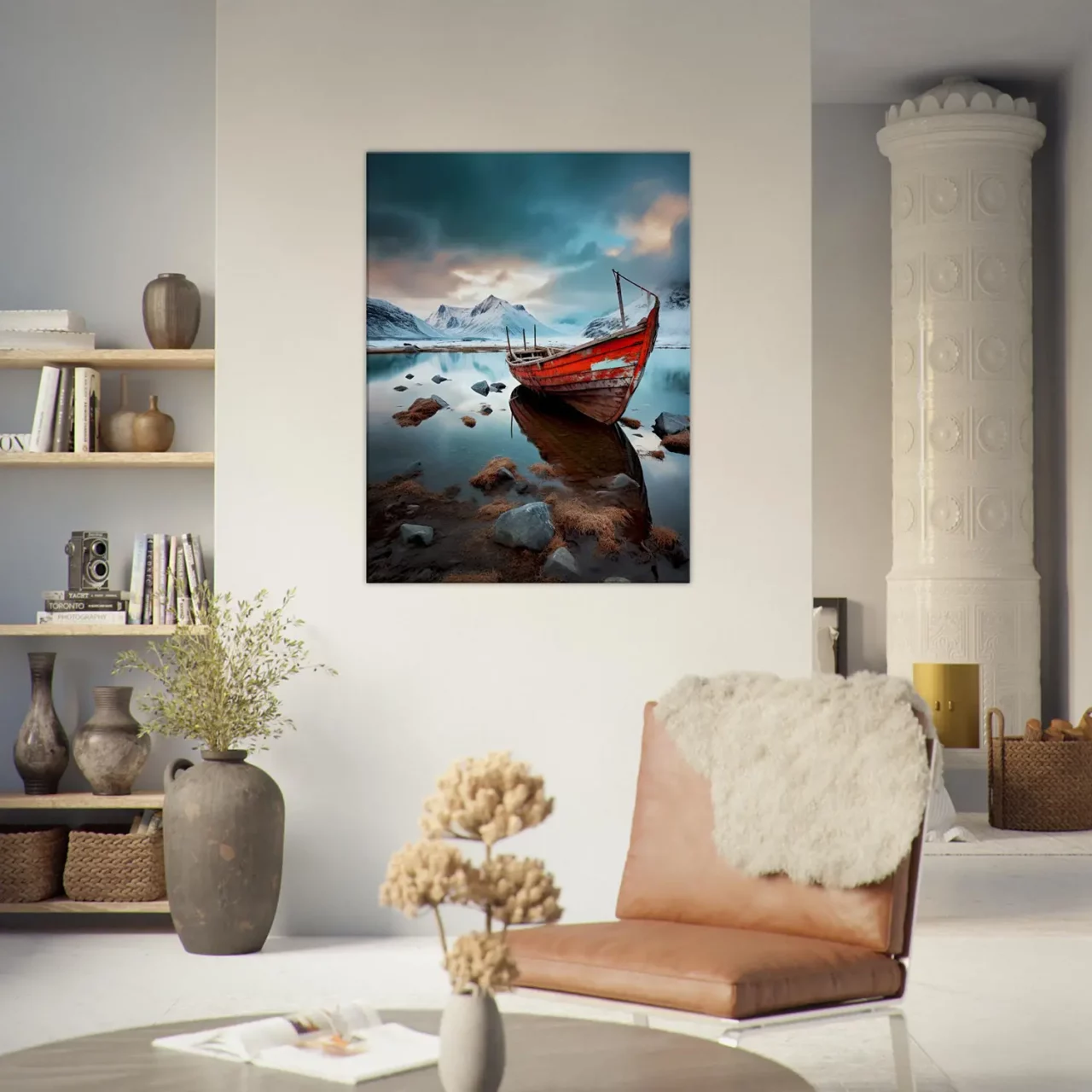 Cadre mural Bateau rouge dans paysage glacial bateau rouge dans paysage glacial