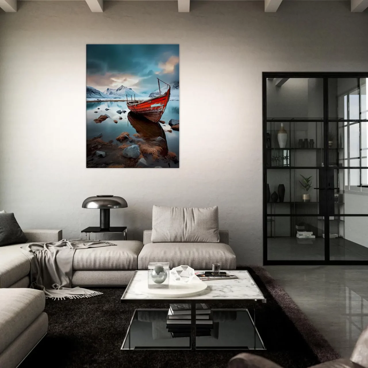 Cadre mural Bateau rouge dans paysage glacial bateau rouge dans paysage glacial