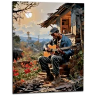 Cadre Bluesman jouant de la guitare sur son porche bluesman jouant de la guitaire sur son porche