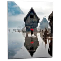 Inondation en Asie et parapluie rouge inondation en asie et parapluie rouge