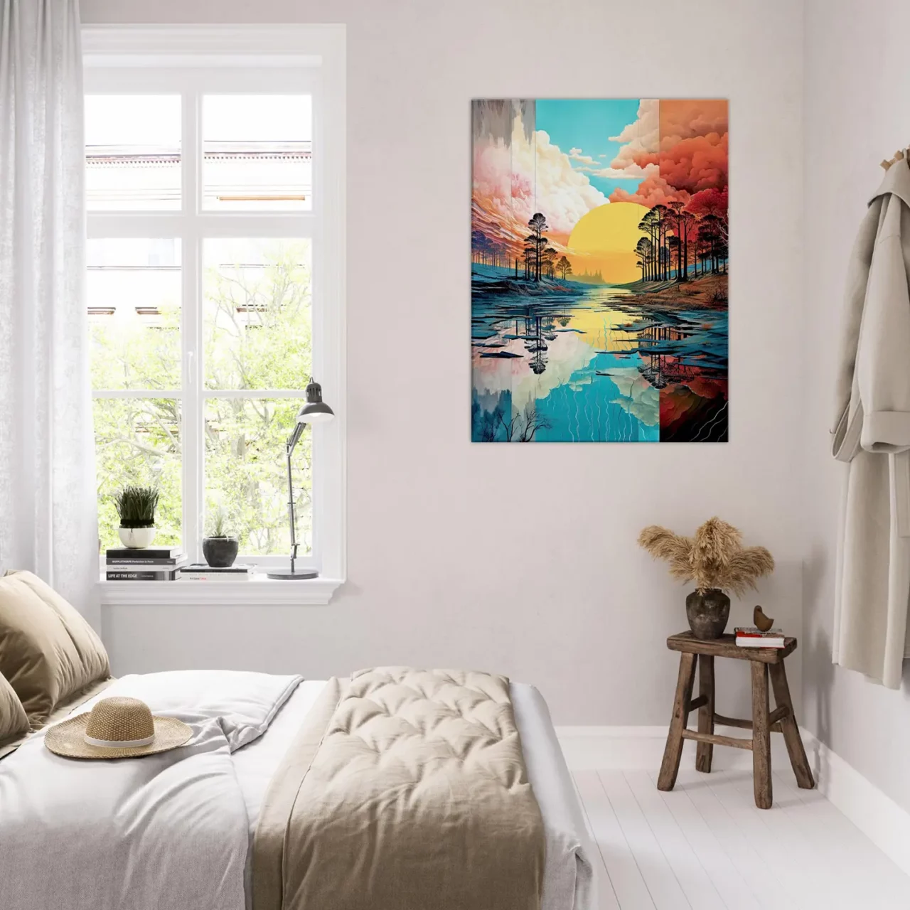 paysage lac, nuages et soleil surréaliste pastel