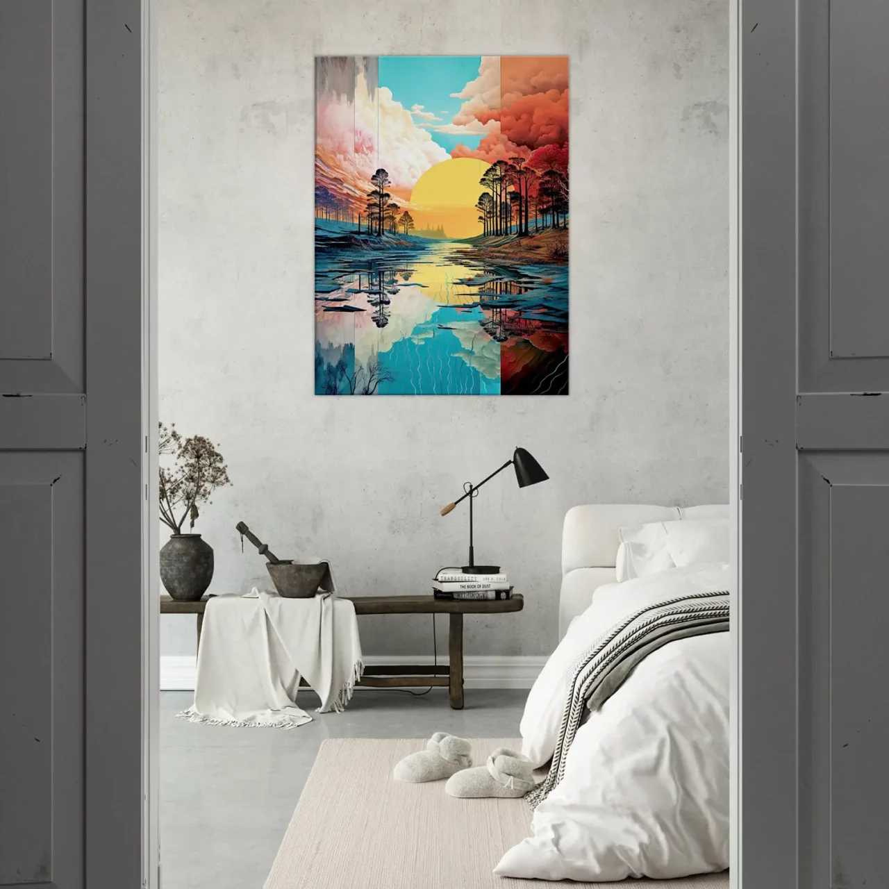 paysage lac, nuages et soleil surréaliste pastel