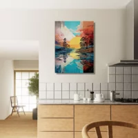 paysage lac, nuages et soleil surréaliste pastel