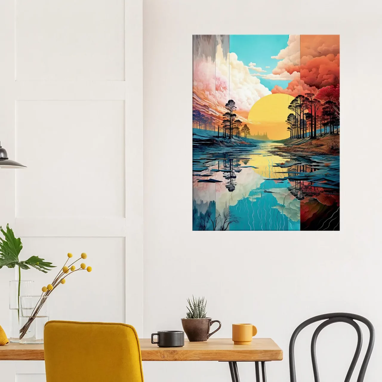 paysage lac, nuages et soleil surréaliste pastel