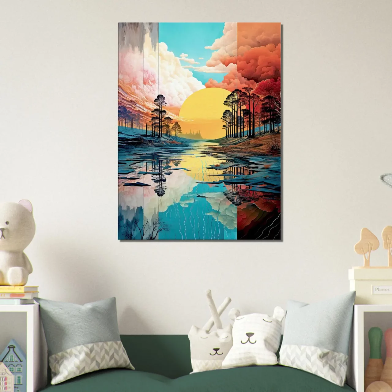 paysage lac, nuages et soleil surréaliste pastel