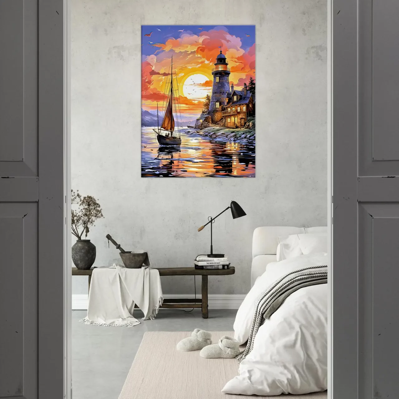 petit voilier et phare au coucher de soleil