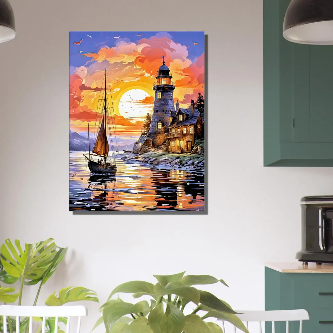 petit voilier et phare au coucher de soleil