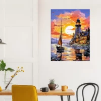 petit voilier et phare au coucher de soleil