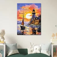 petit voilier et phare au coucher de soleil