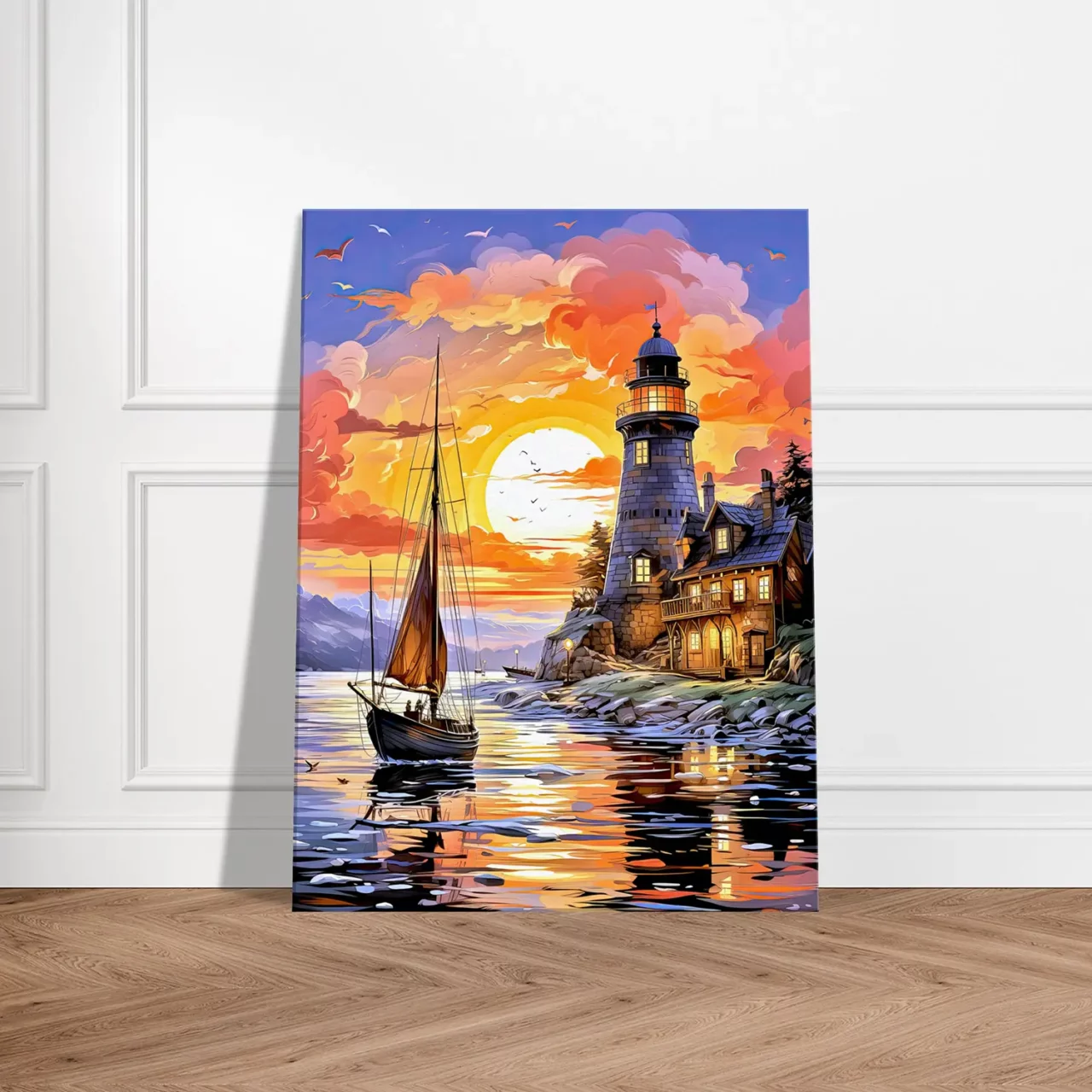 petit voilier et phare au coucher de soleil