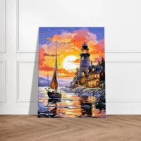 petit voilier et phare au coucher de soleil