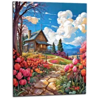 petite maison de campagne et champs de tulipe