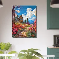 petite maison de campagne et champs de tulipe