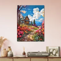 petite maison de campagne et champs de tulipe