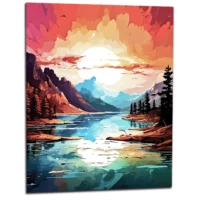 Tableau Paysage lac et coucher de soleil brulant paysage lac et coucher de soleil brulant