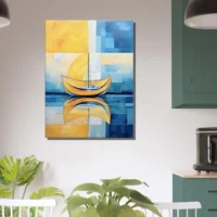 Petit voilier sur la mer Cadre Abstrait Jaune et bleu petit voilier sur la mer abstrait jaune et bleu