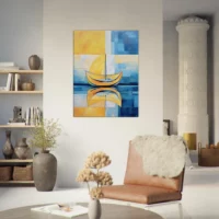 petit voilier sur la mer abstrait jaune et bleu