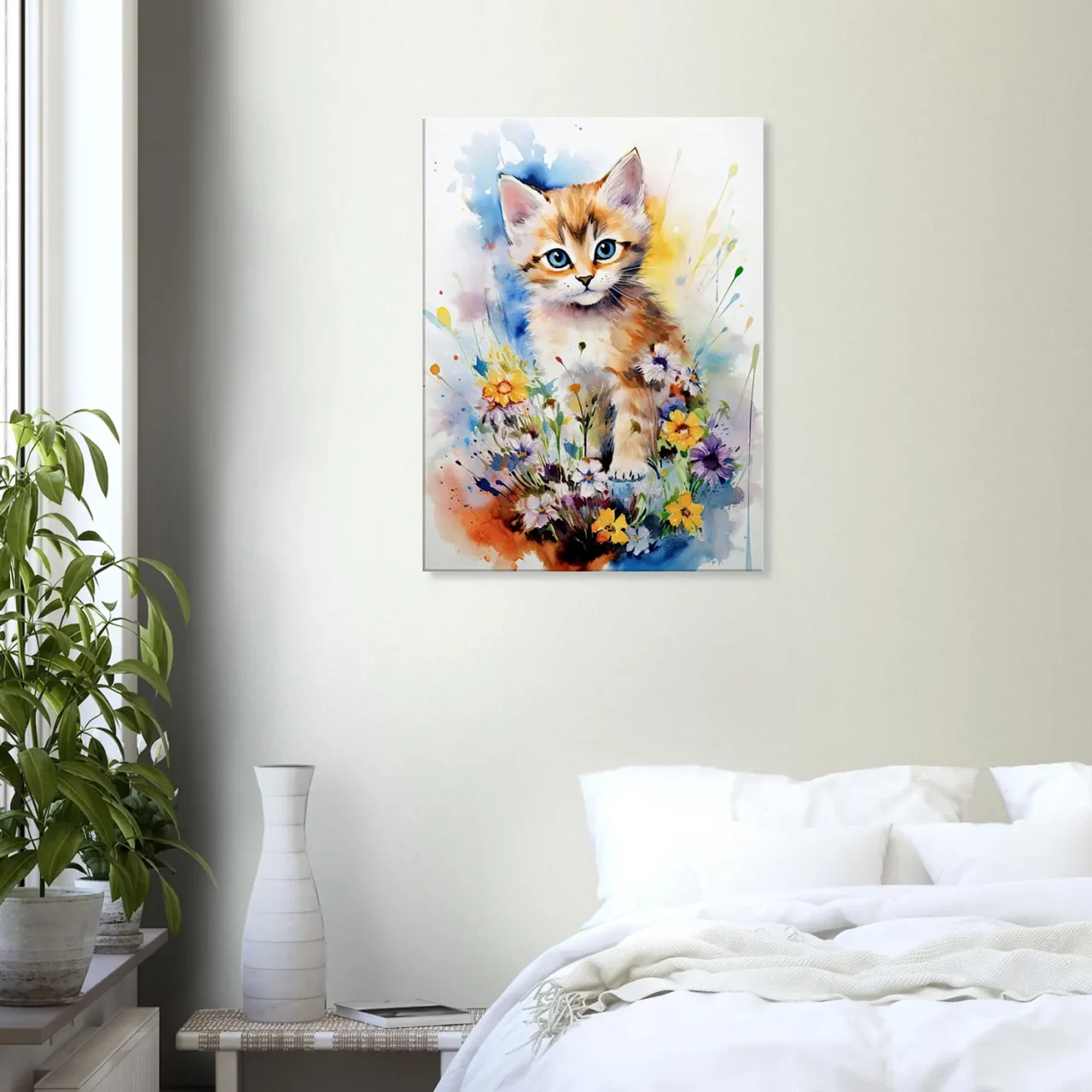 douceur florale : chaton parmi les fleurs en aquarelle