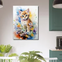 douceur florale : chaton parmi les fleurs en aquarelle