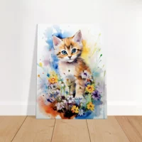 douceur florale : chaton parmi les fleurs en aquarelle