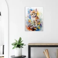 douceur florale : chaton parmi les fleurs en aquarelle