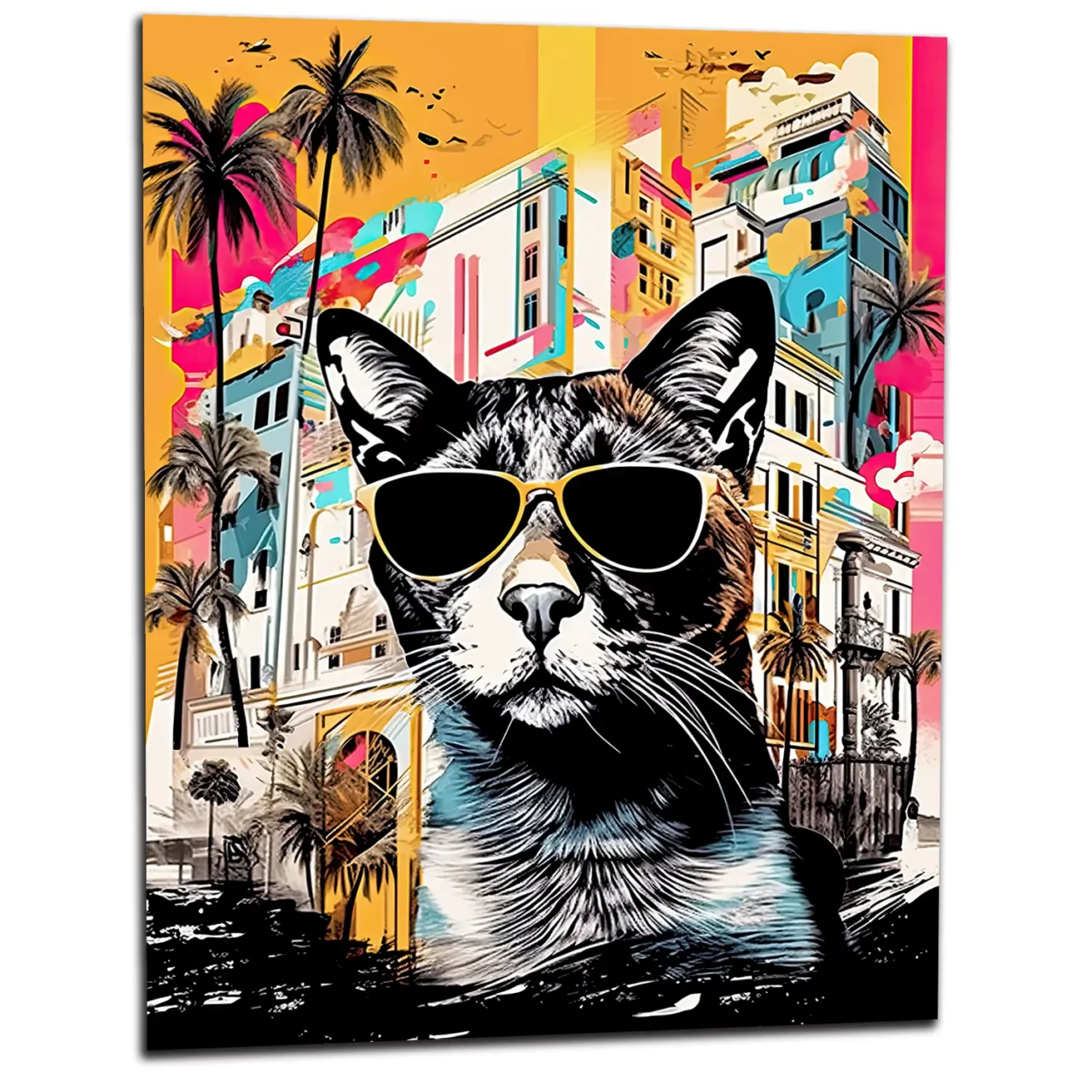 art urbain : chat cool et architecture colorée
