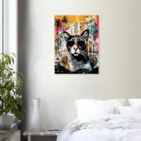 art urbain : chat cool et architecture colorée