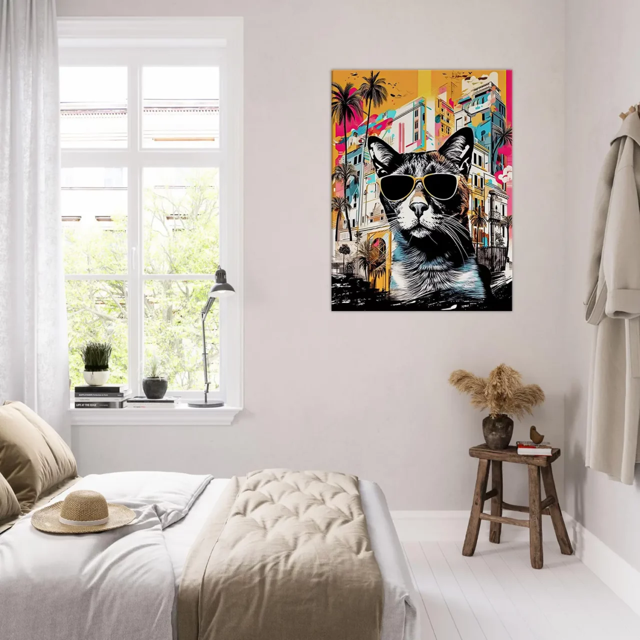 art urbain : chat cool et architecture colorée
