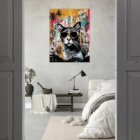 art urbain : chat cool et architecture colorée